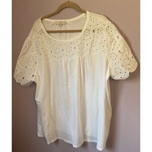 Loft Plus White Eyelet Short Sleeve Blouse Top Size 26